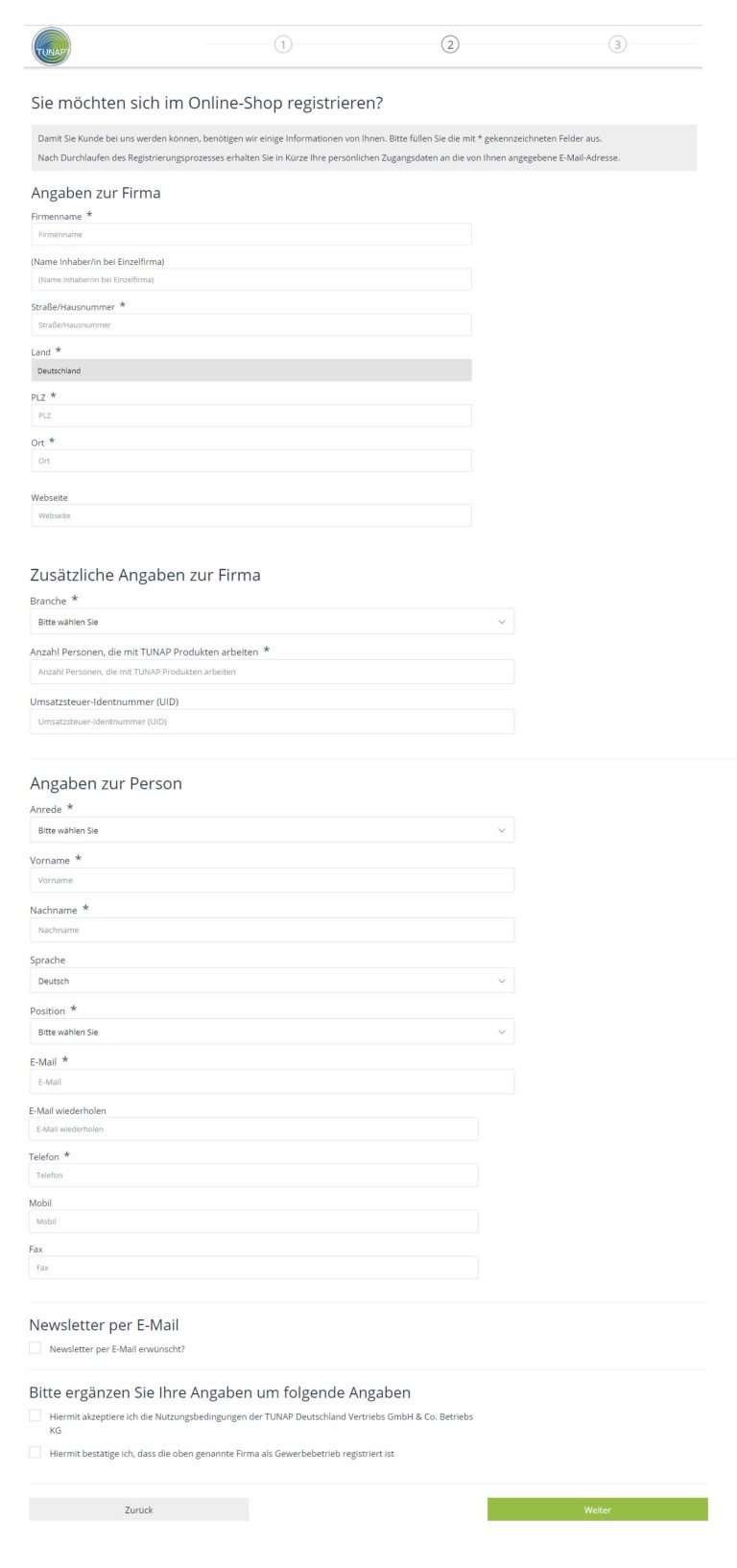 Neukundenregistrierung im Onlineshop Formular zur Neukundenregistrierung