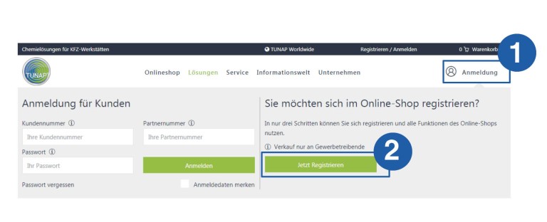 Registrierung im Onlineshop Anleitungbild erster Schritt zur Registrierung
